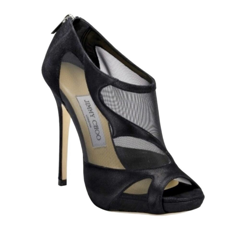 Jimmy Choo Black Mesh And Suede Marble Peep Toe Booties Size 38.5